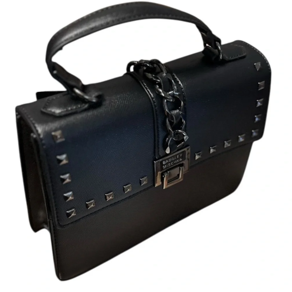 Badgley Mischka Black Dark Metal Studded Satchel Purse